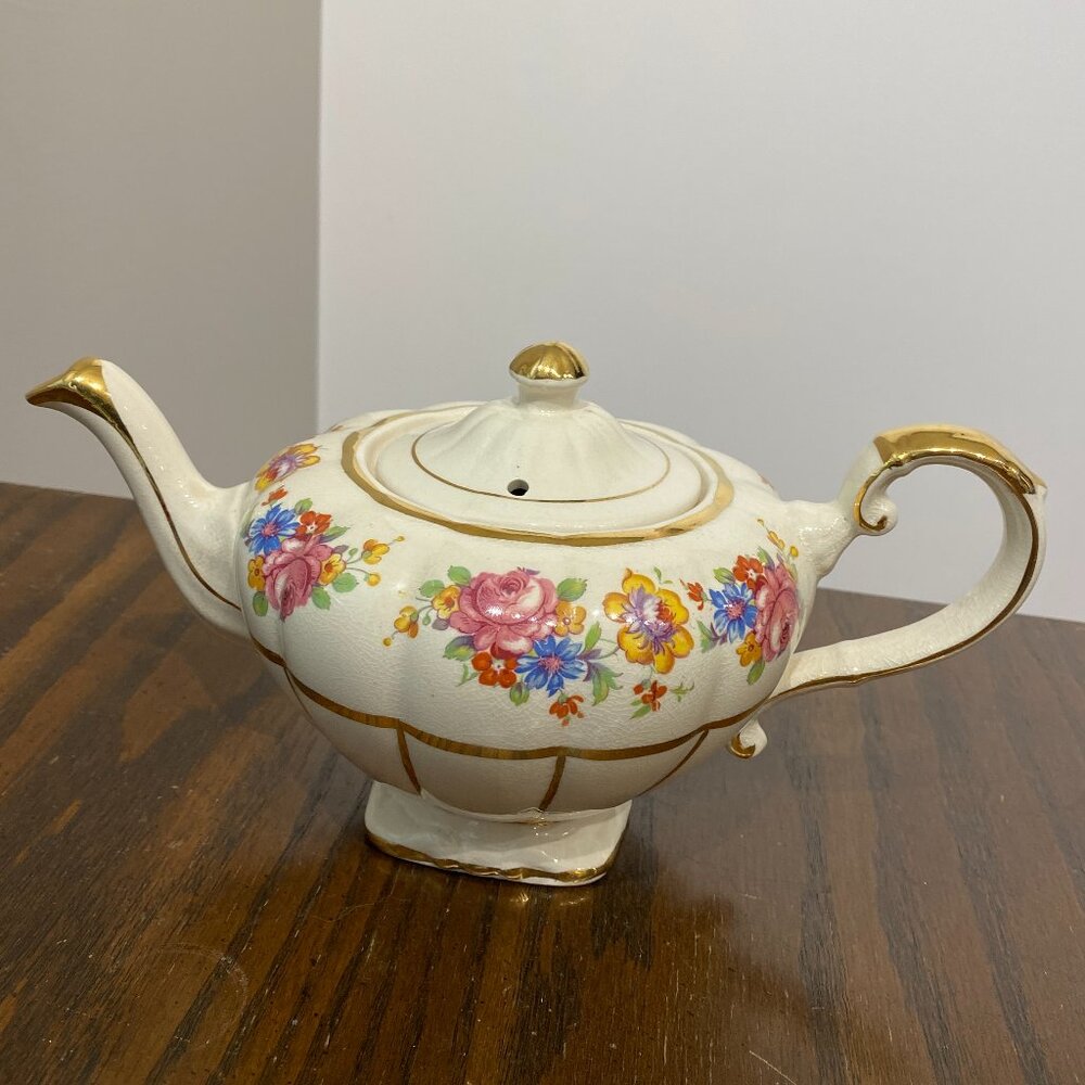 Antique Arthur Wood Made In England #4549 Floral Design Gold Accent Teapot